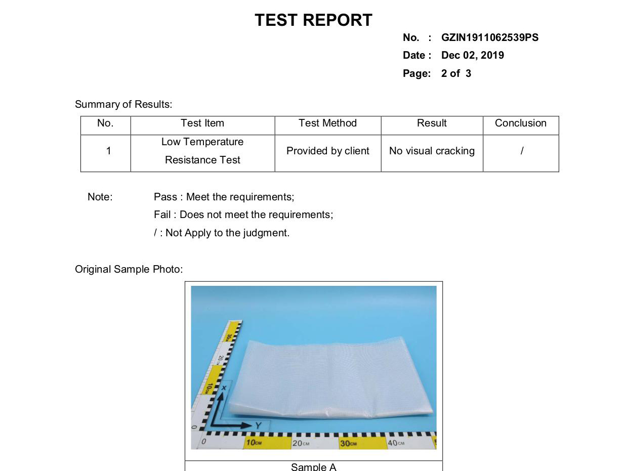 low temperature property testing report for PVC coated tarpaulin