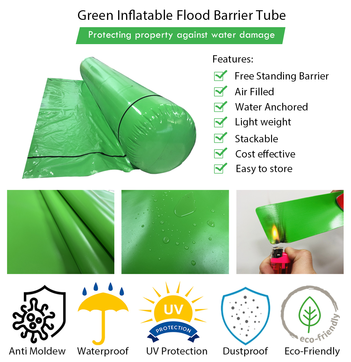 residential flood protection barriers,temporary flood protection barriers,inflatable water barrier,water barrier,green inflatable flood barrier tube