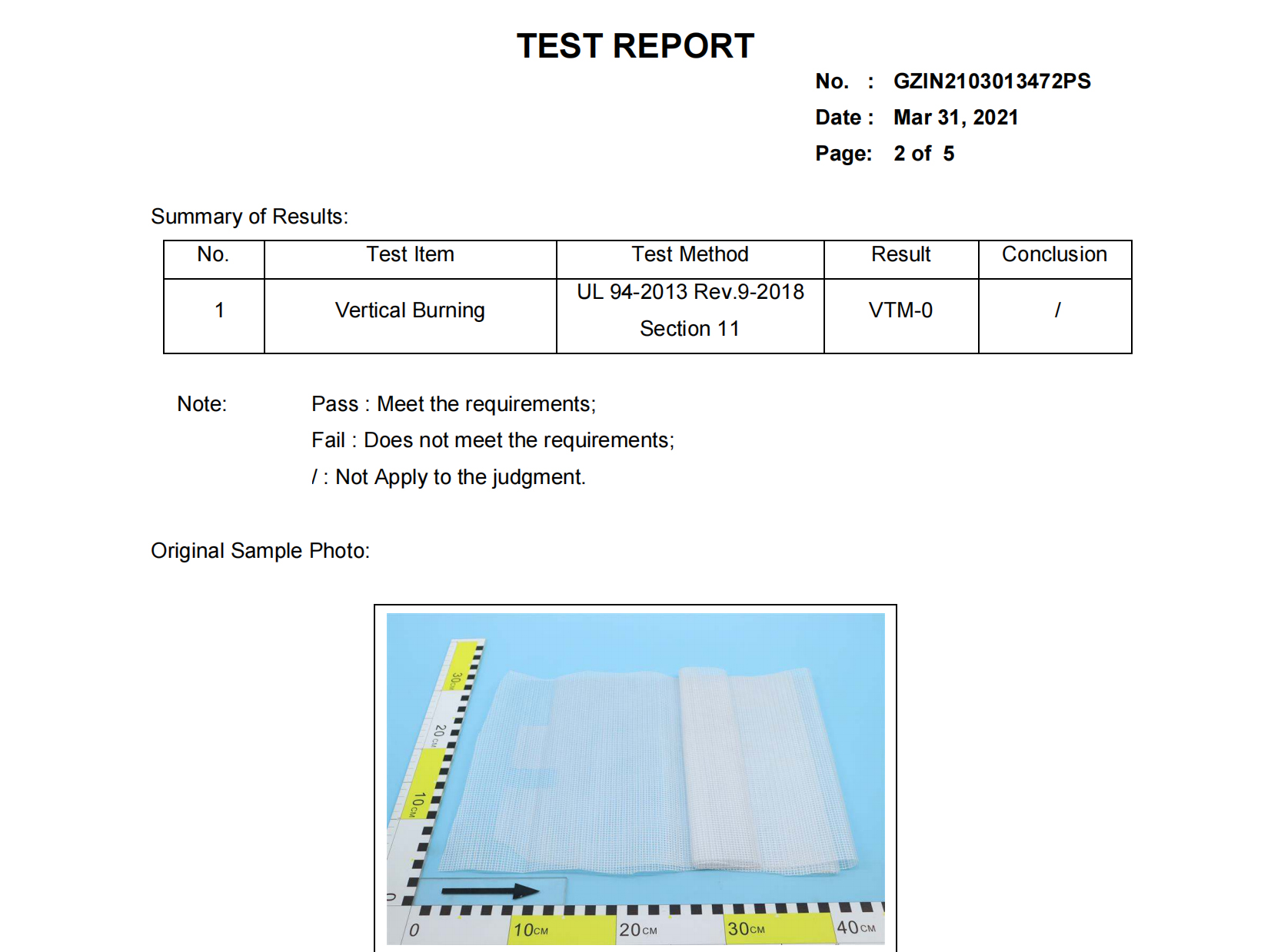 Vertical burning testing report for 0.45mm PVC coated tarpaulin