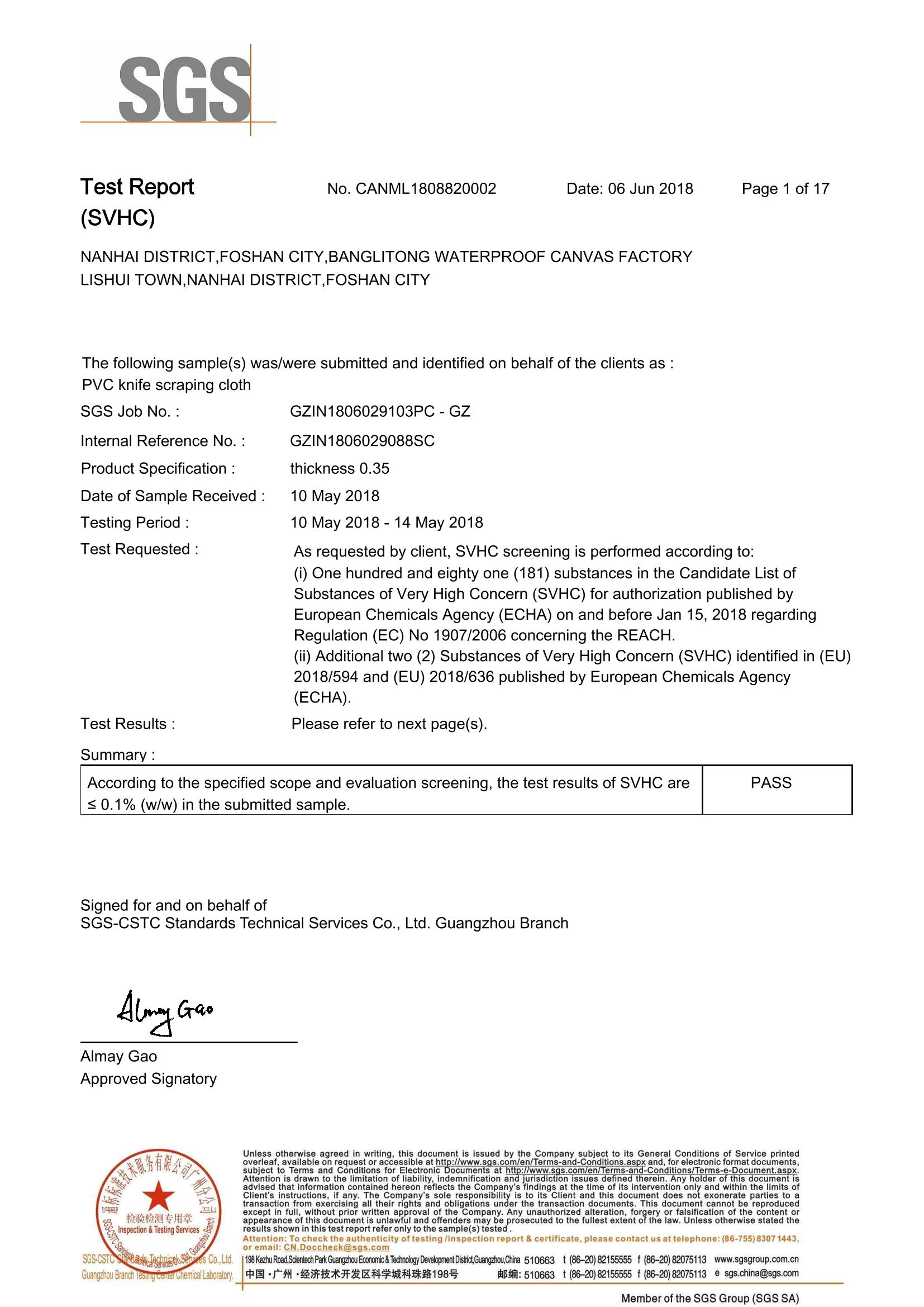 SVHC testing report for blue PVC knife coated tarpaulin
