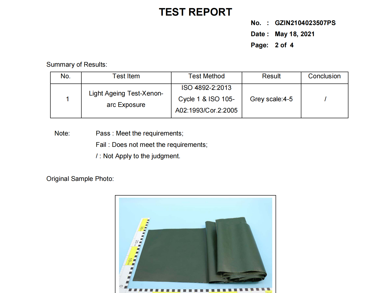 Color fastness testing report for 0.4mm PVC coated tarpaulin