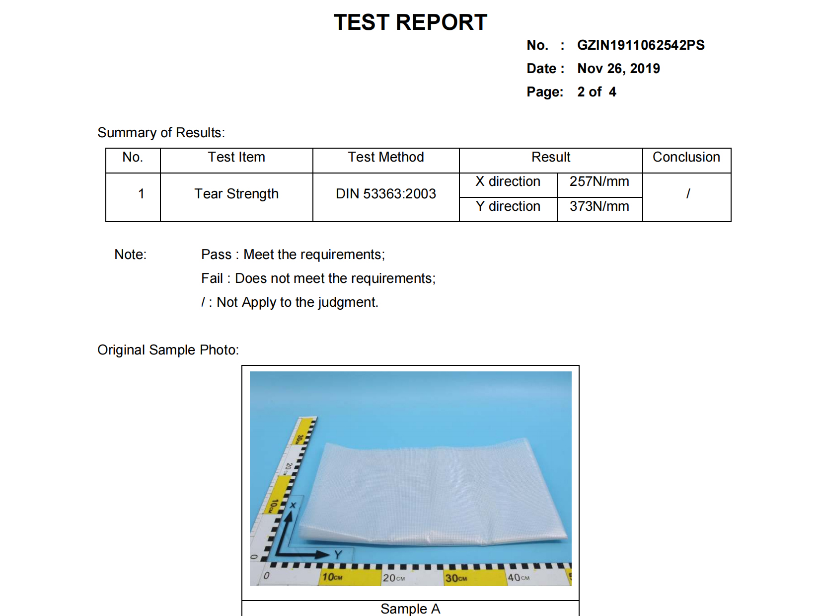 Tear strength testing report for 0.45mm PVC coated tarpaulin