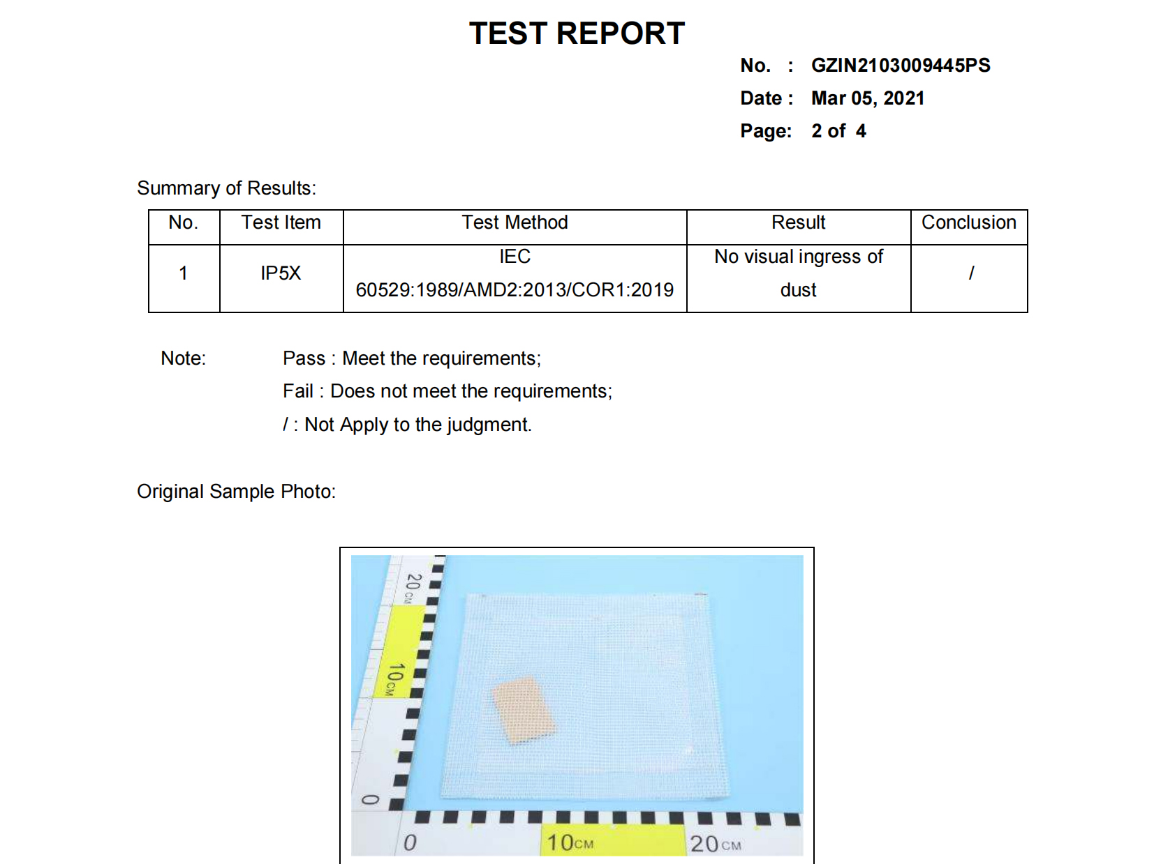 Dustproof grade(IP5X) testing report for 0.45mm PVC coated tarpaulin