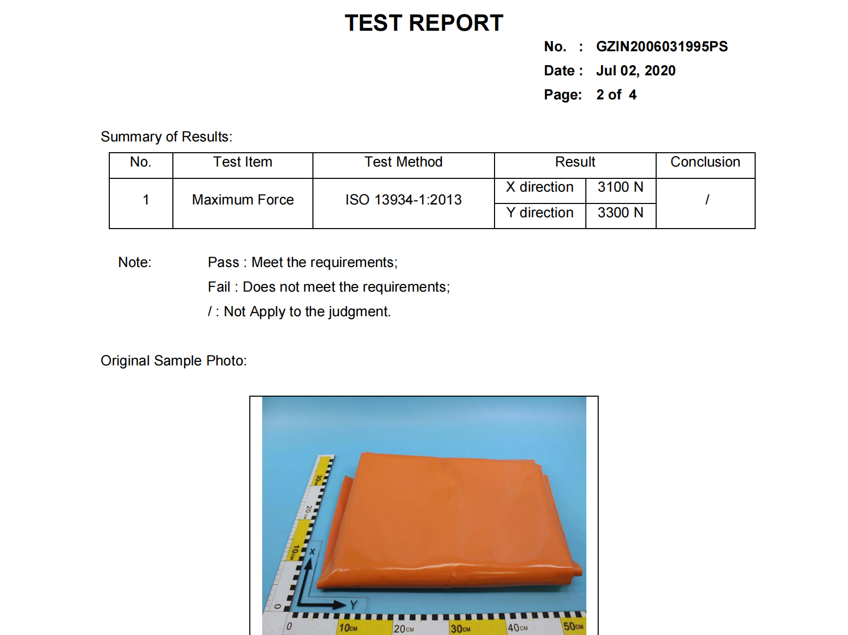 Maximum force testing report for 0.9mm PVC coated tarpaulin