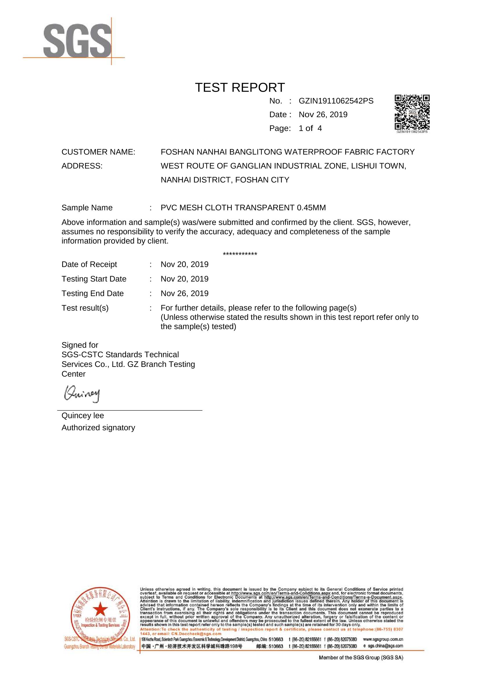 Tear strength testing report for 0.45mm PVC coated tarpaulin