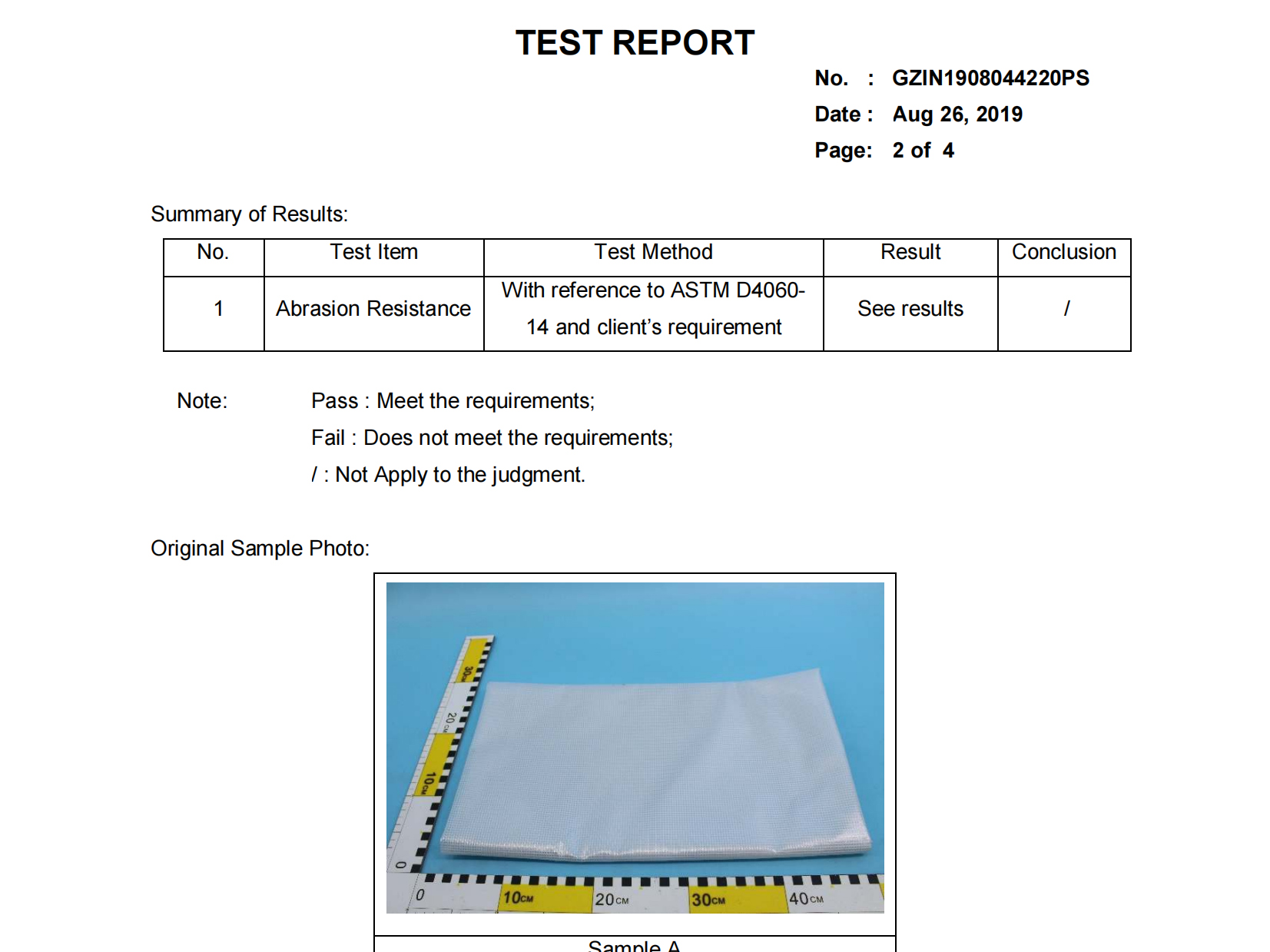 Abrasion resistance testing report for 0.45mm PVC coated tarpaulin