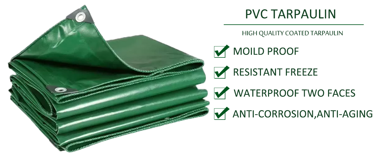 Green PVC tarpaulin with grommet and rope