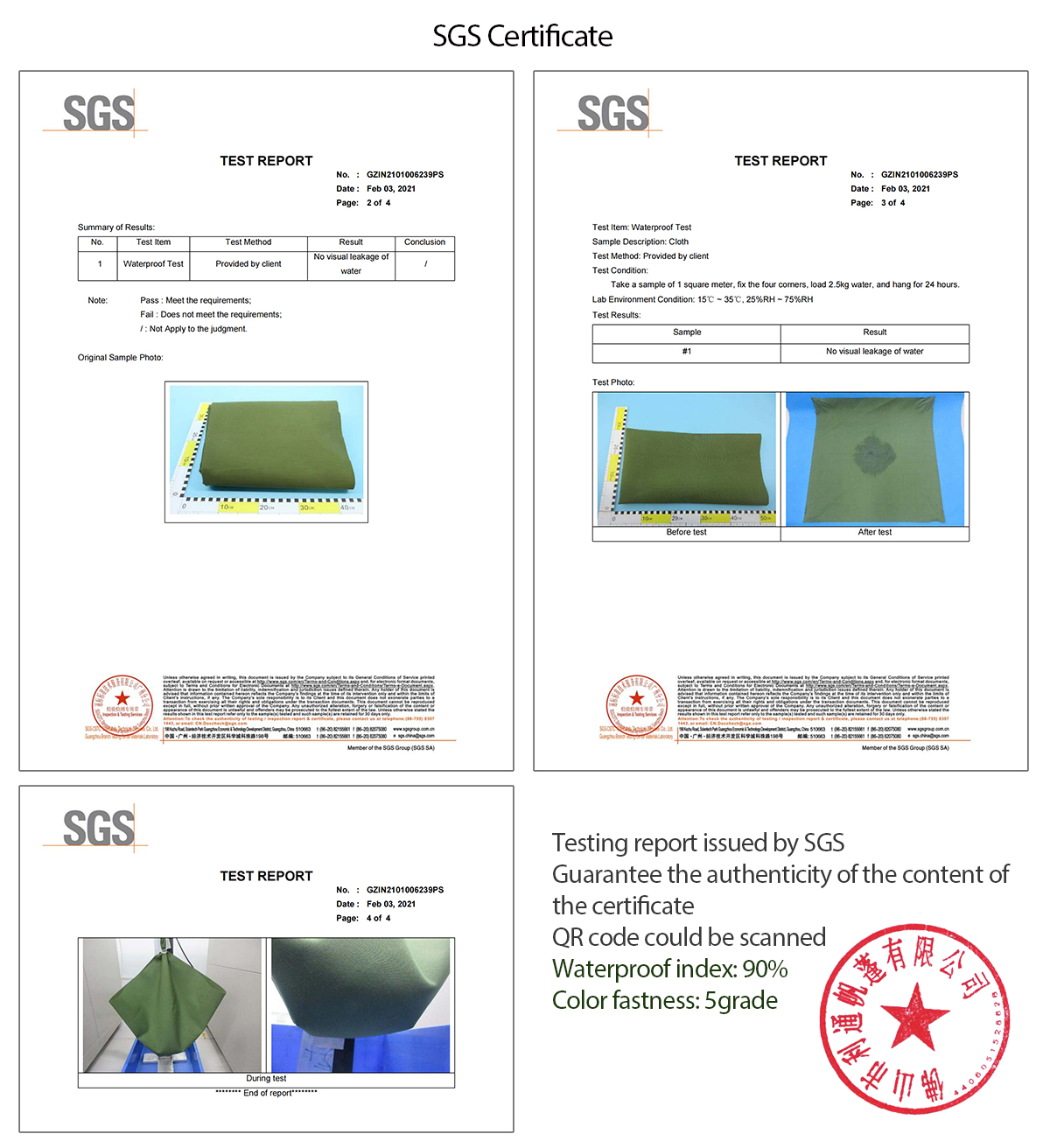 SGS certificate for canvas tarpaulin