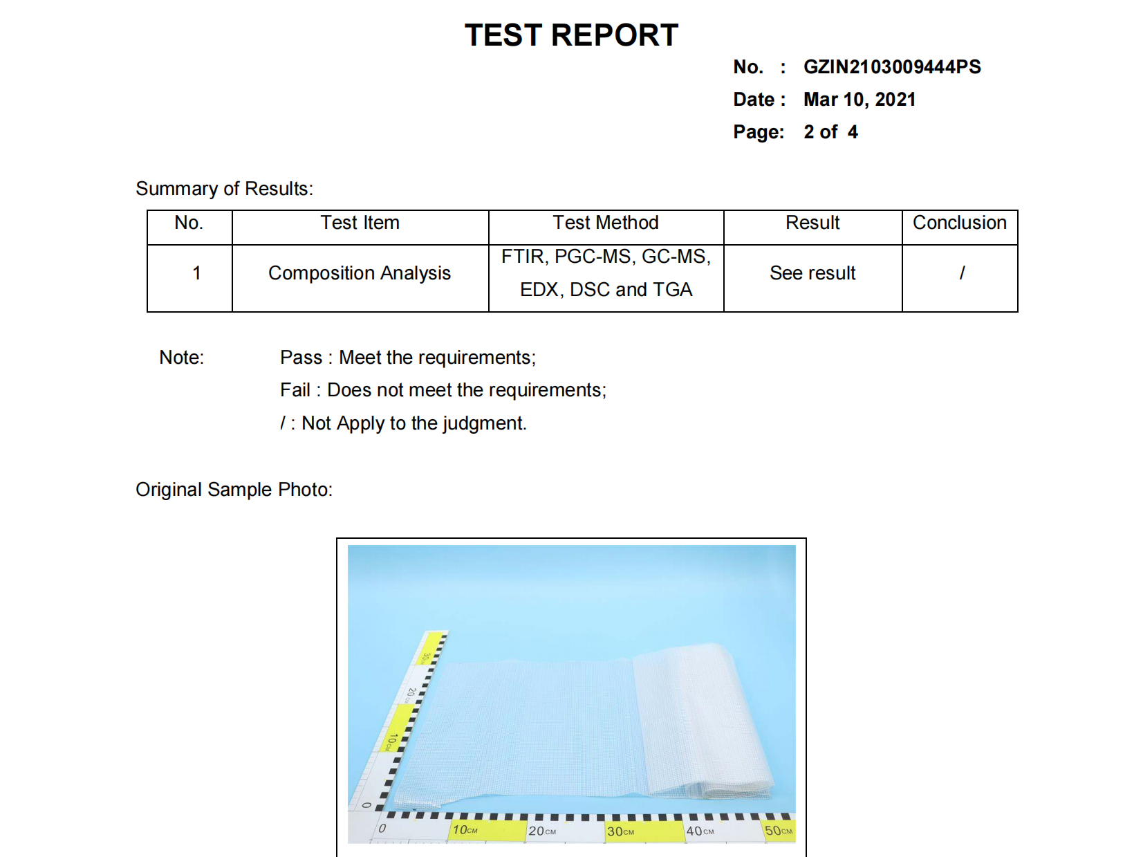 Composition analysis testing report for 0.45mm PVC coated tarpaulin
