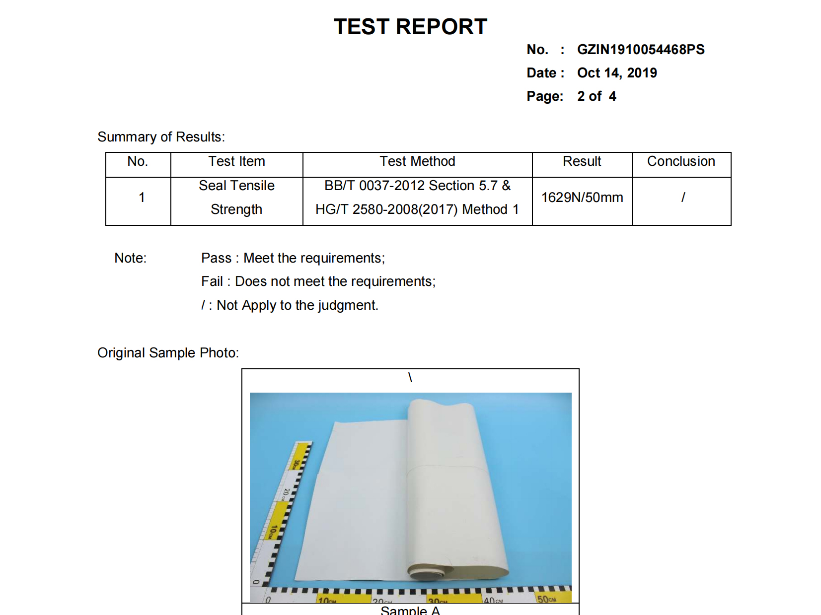 Seal tensile strength testing report for 0.55mm PVC coated tarpaulin