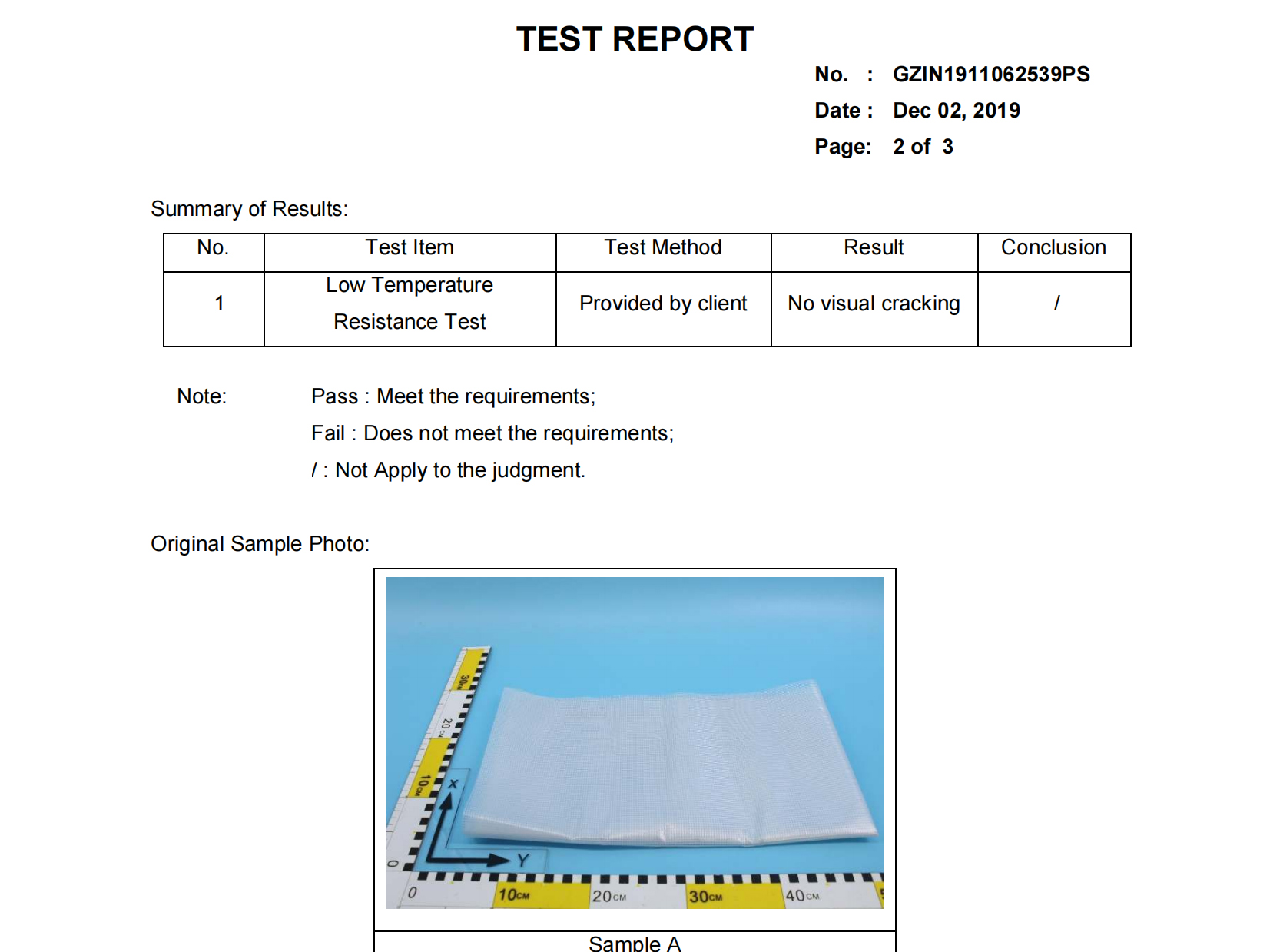 Low temperature resistance testing report for 0.45mm PVC coated tarpaulin