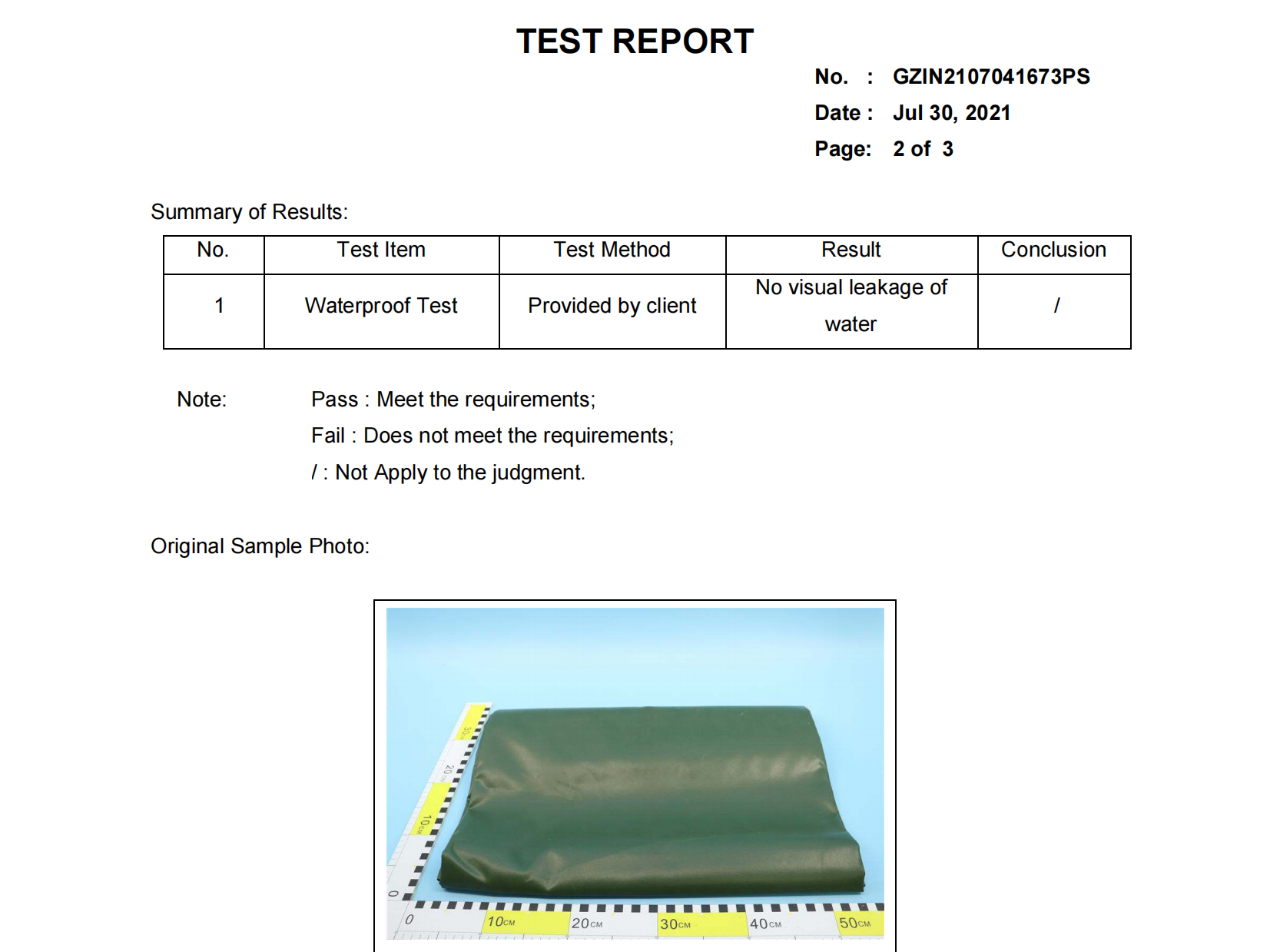 Waterproof testing report for 0.4mm PVC coated tarpaulin