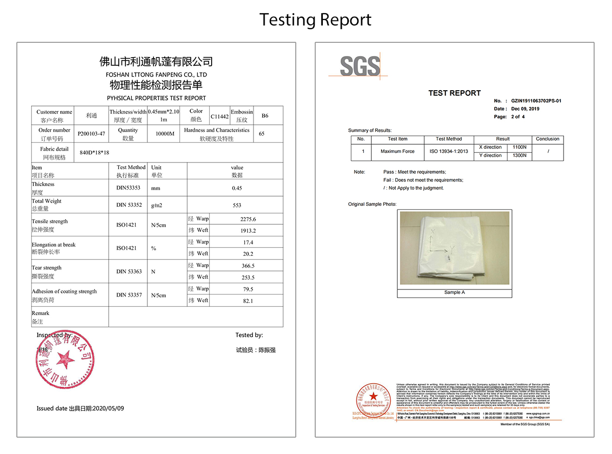 Testing report of pvc tarpaulin