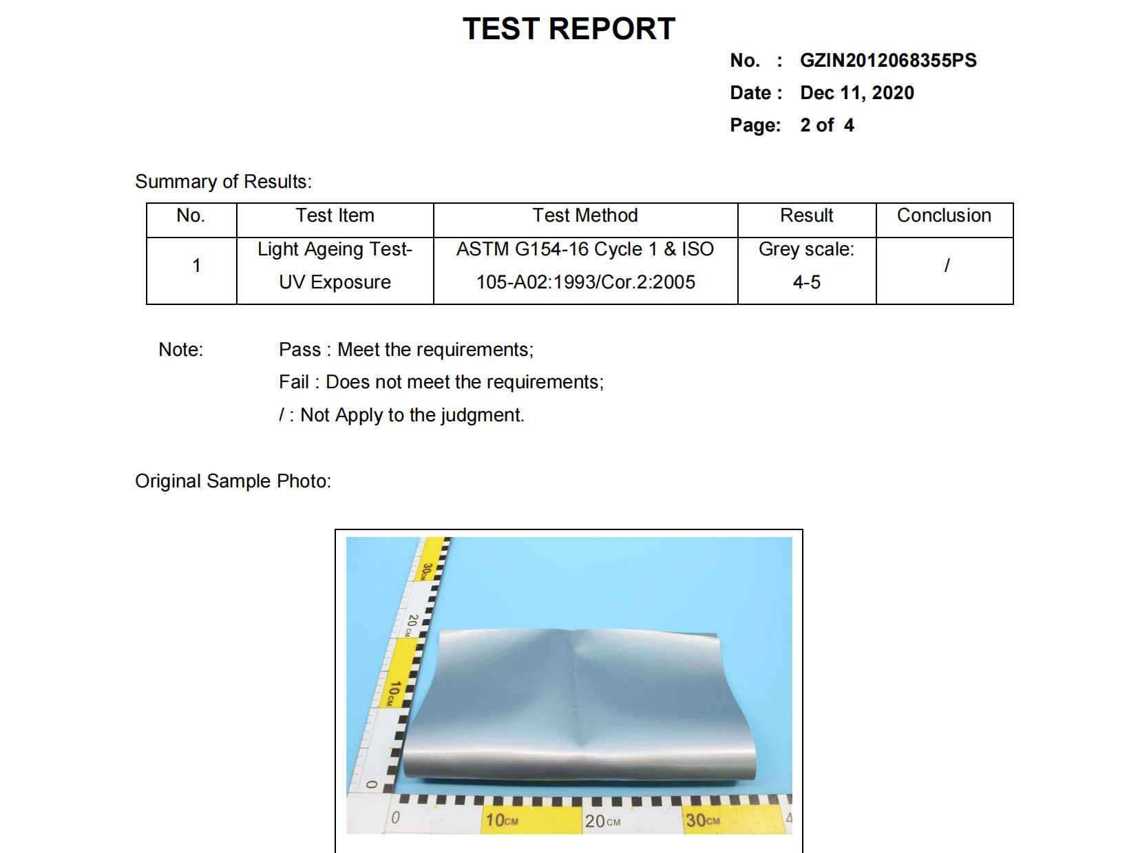 Annti aging testing report for 0.45mm PVC coated tarpaulin