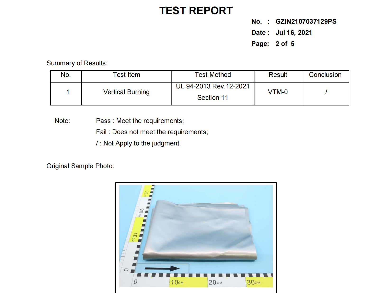 Vertical burning testing report for 0.6mm PVC coated tarpaulin