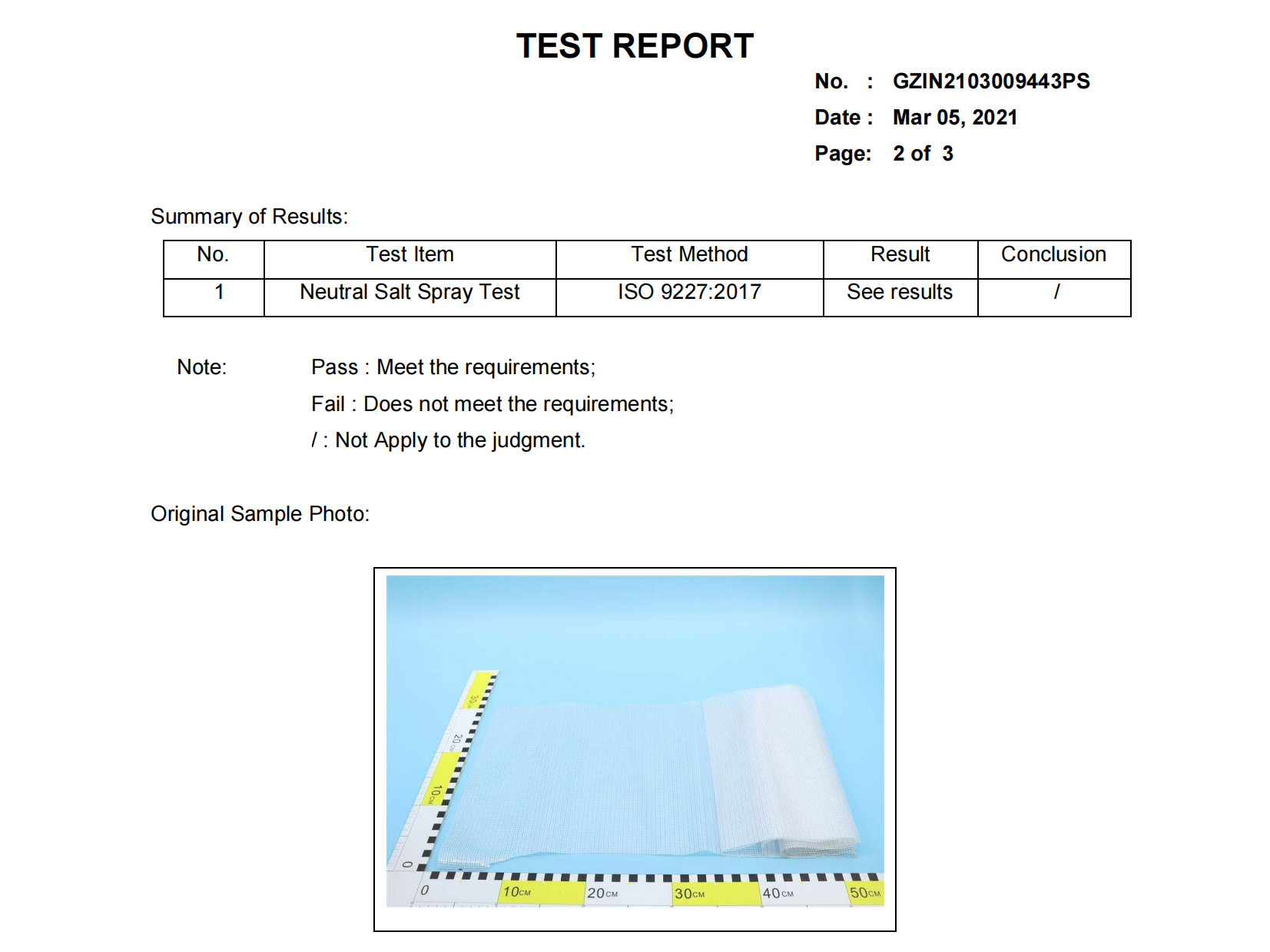 Neutral salt spray test testing report for 0.45mm PVC coated tarpaulin