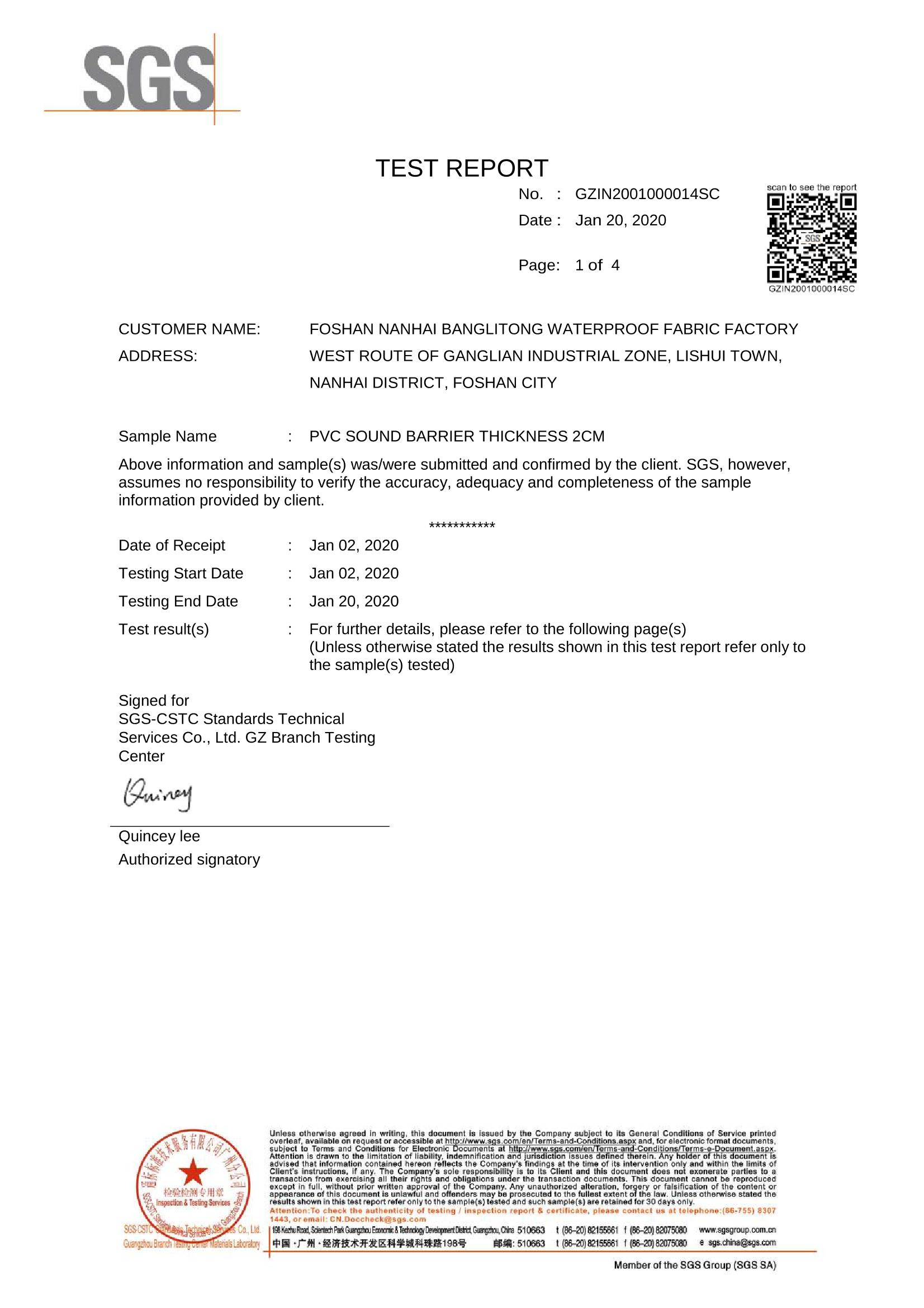 Sound Insulation testing report for 2cm sound barrier
