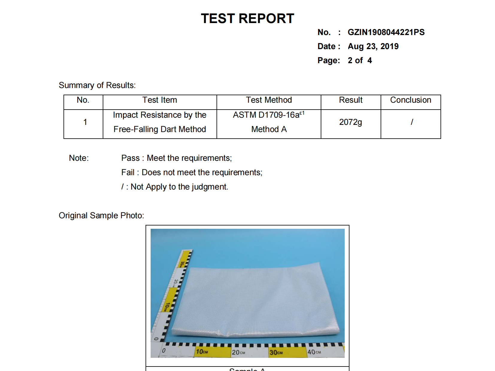 Impact resistance testing report for 0.45mm PVC coated tarpaulin