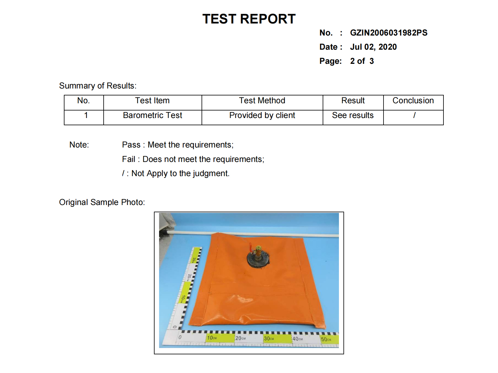 Barometric testing report for 0.9mm PVC coated tarpaulin