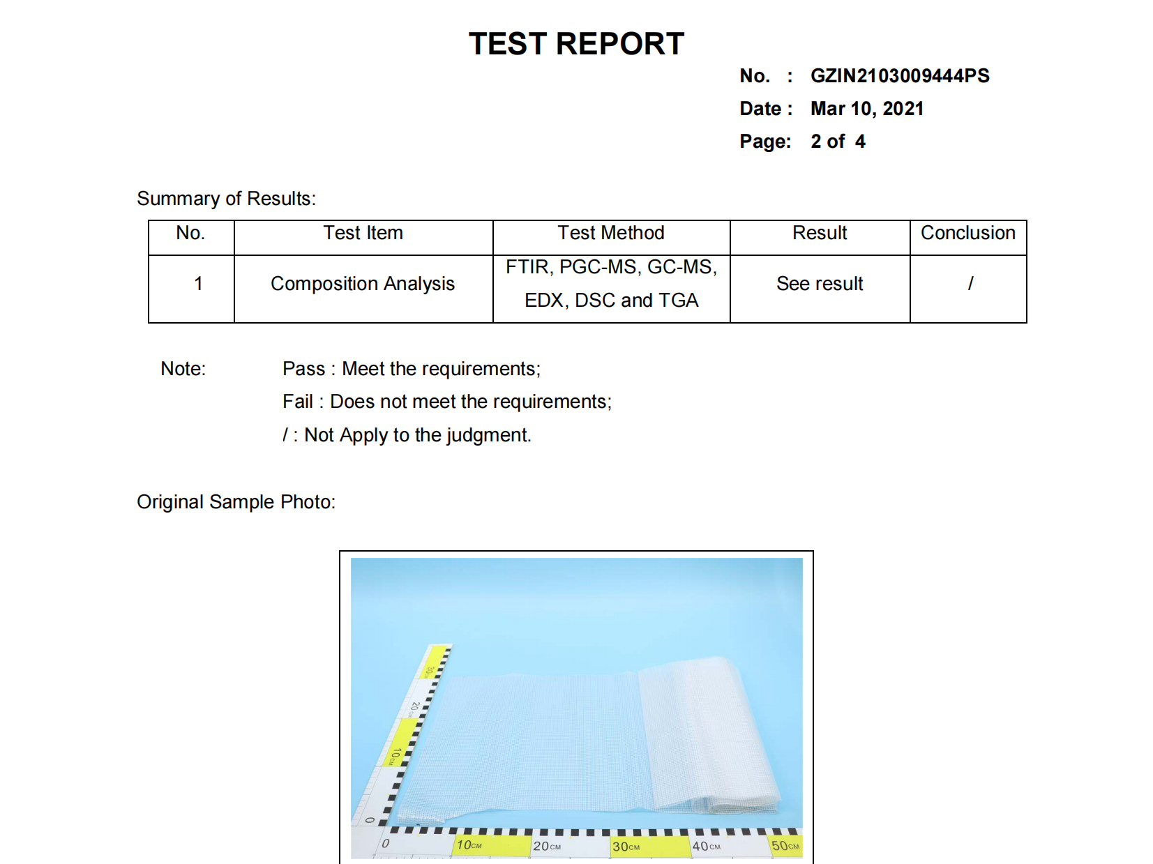 Composition analysis testing report for PVC coated tarpaulin