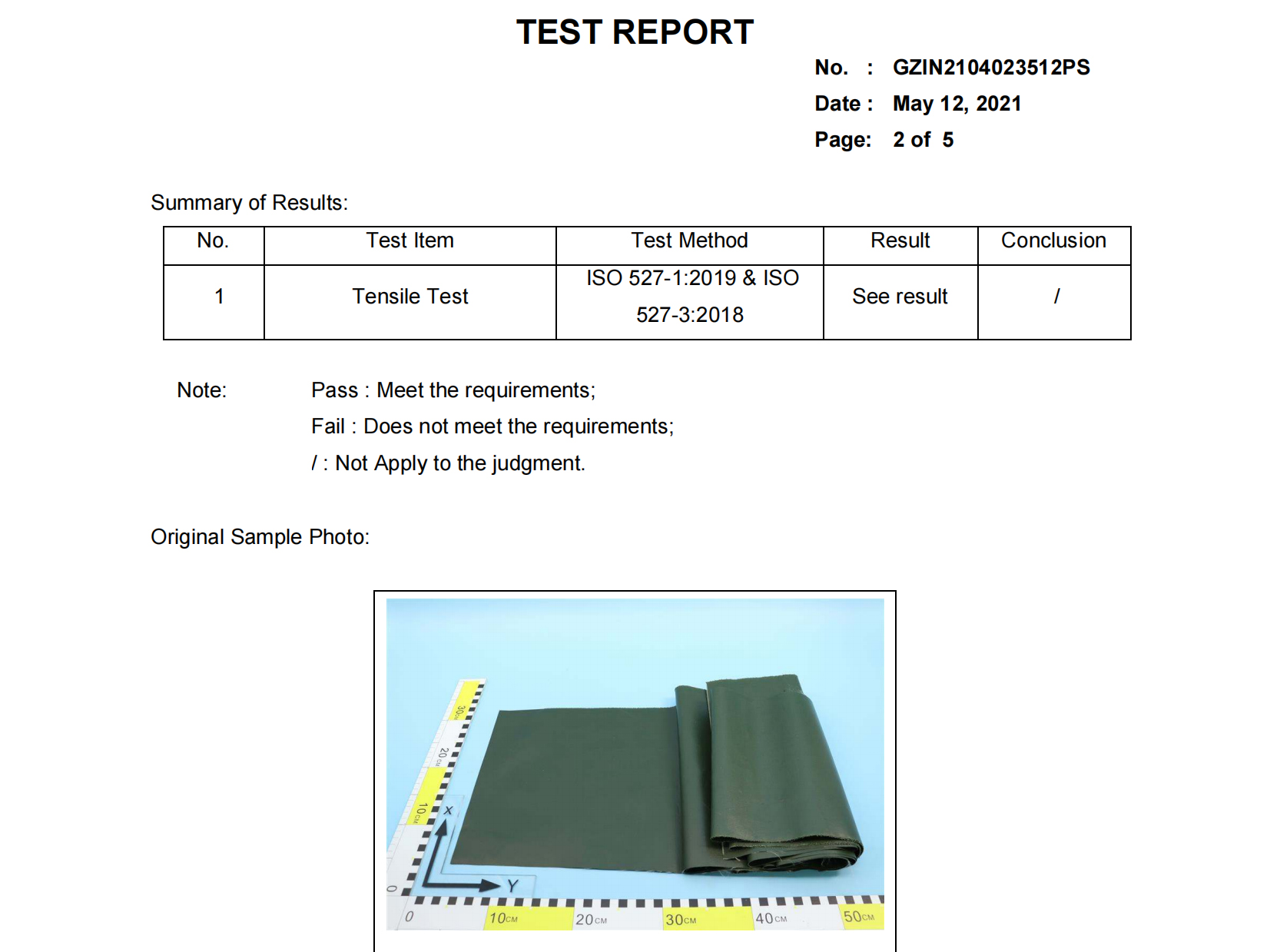 Tensile testing report for 0.4mm PVC coated tarpaulin
