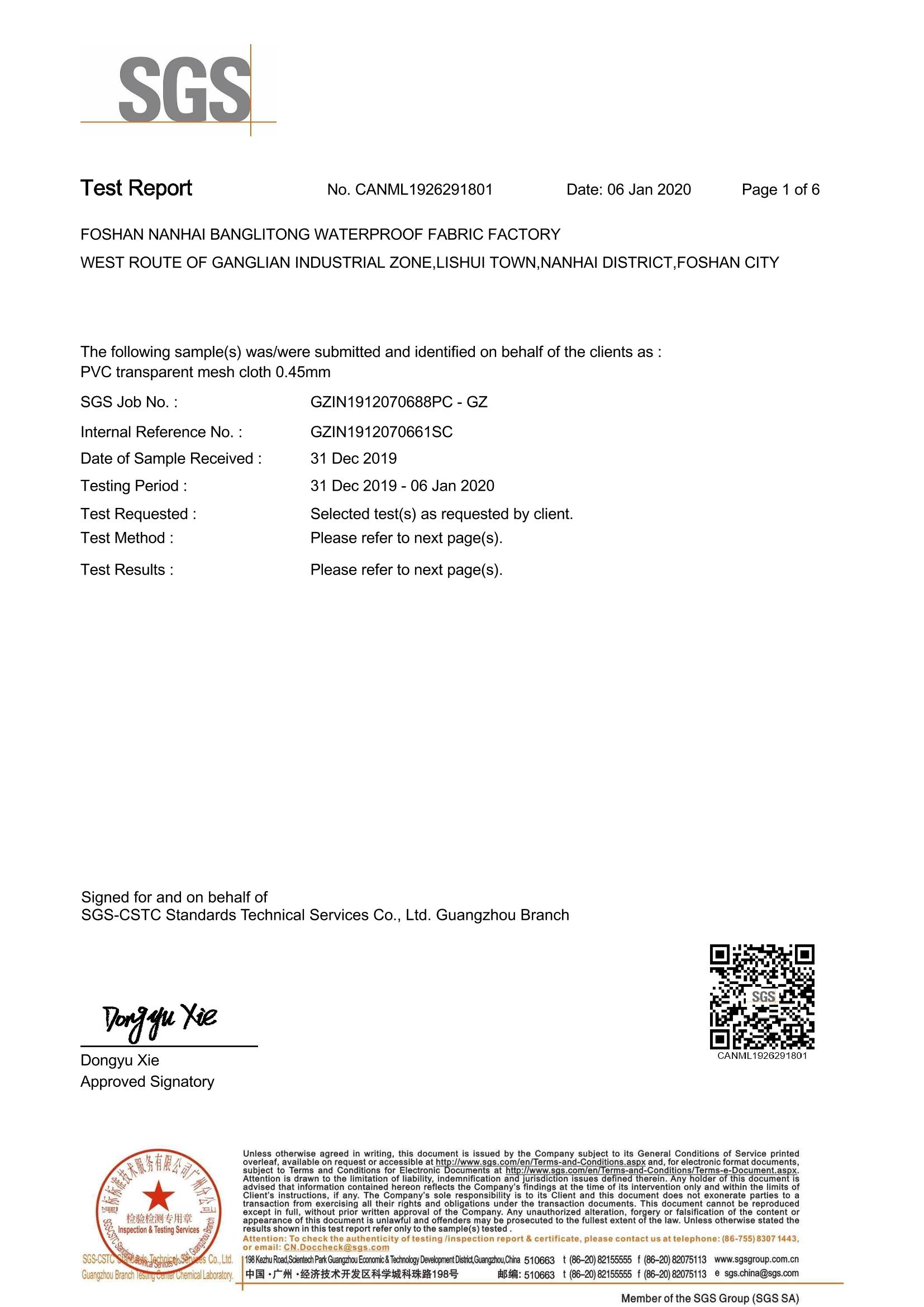 ROHS 2.0 testing report for 0.45mm PVC coated tarpaulin