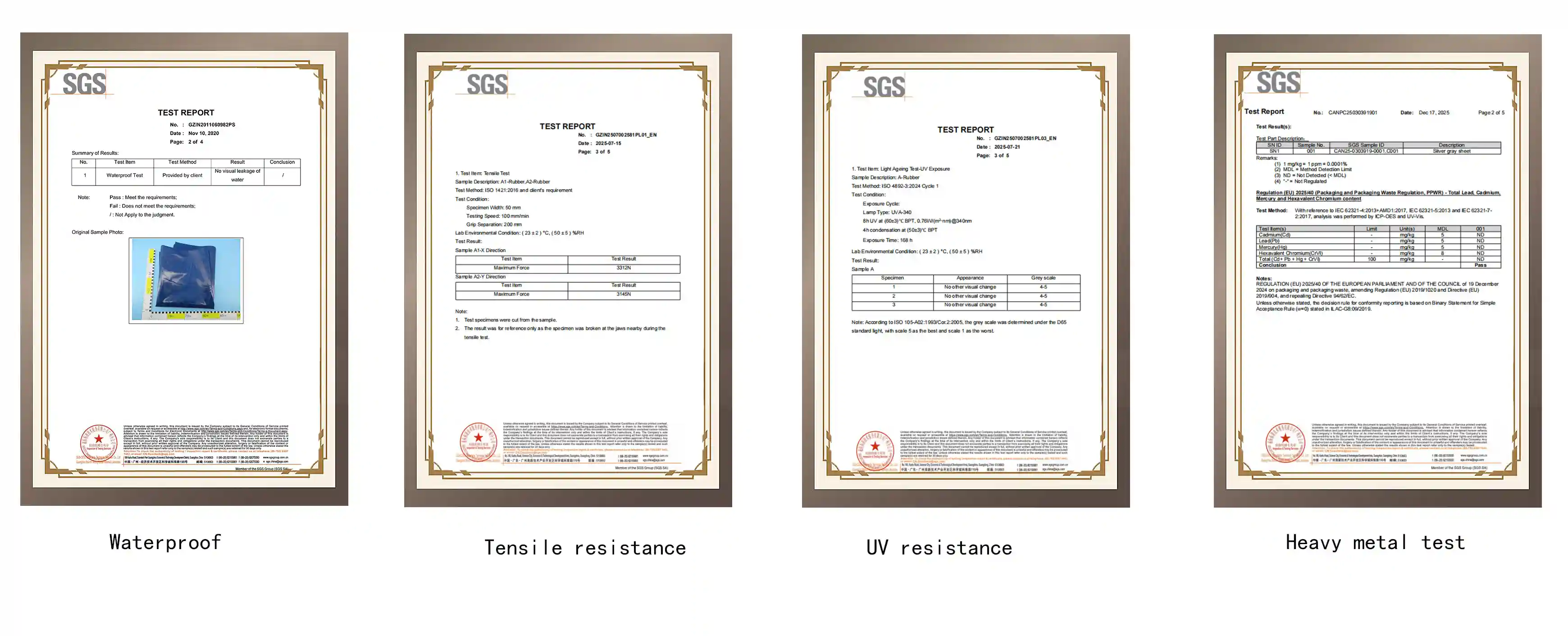 SGS certification documents including waterproof, tensile, UV and heavy‑metal tests
