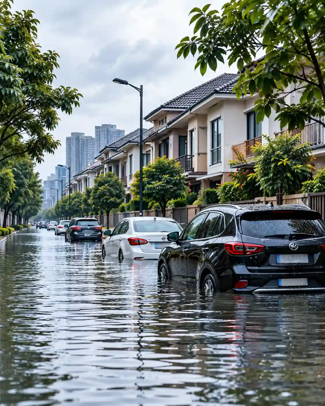 Cars on a flooded residential street