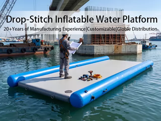 Worker on drop‑stitch inflatable water work platform at bridge construction site