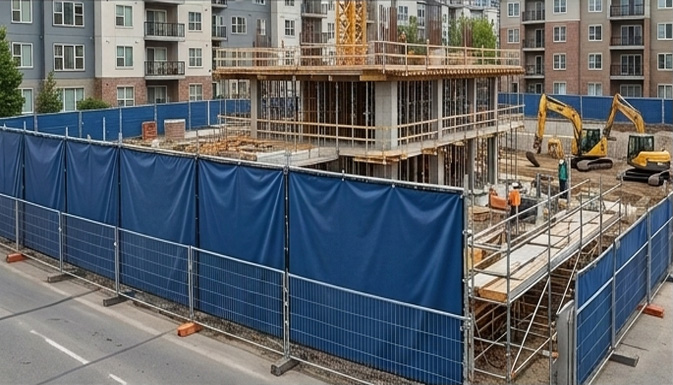 Blue acoustic barrier curtains mounted on construction scaffolding