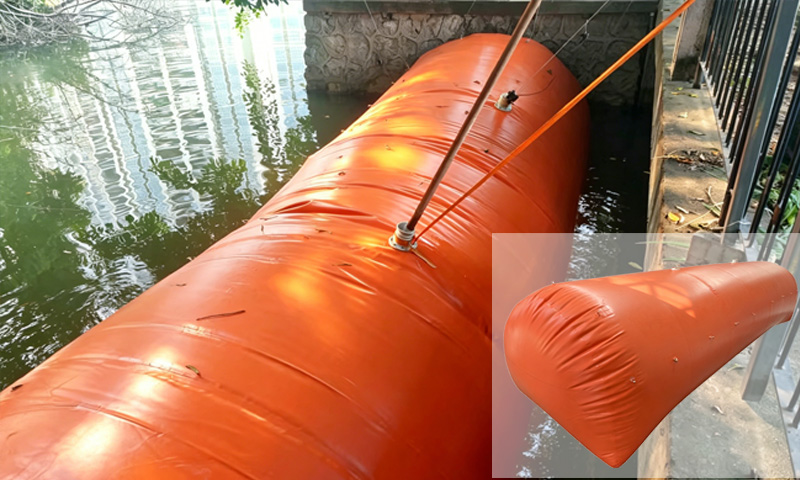Half-round inflatable flood dam for curved wall & river bend flood diversion