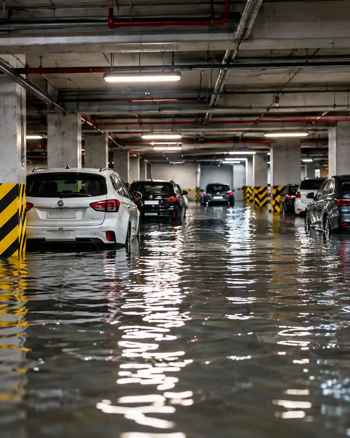 Parked cars in a flooded underground garage