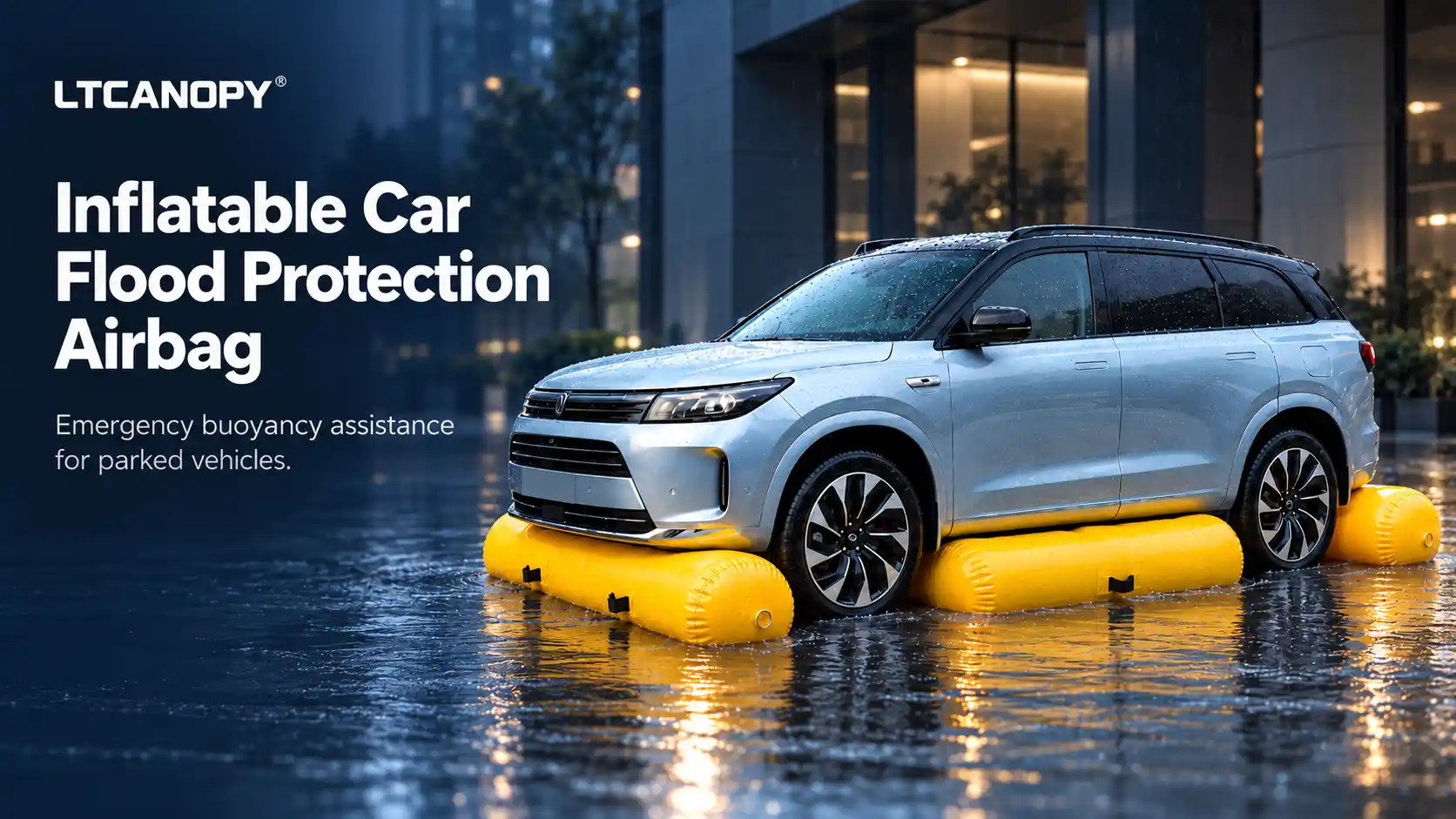 SUV with yellow flood airbags in a simulated water scene