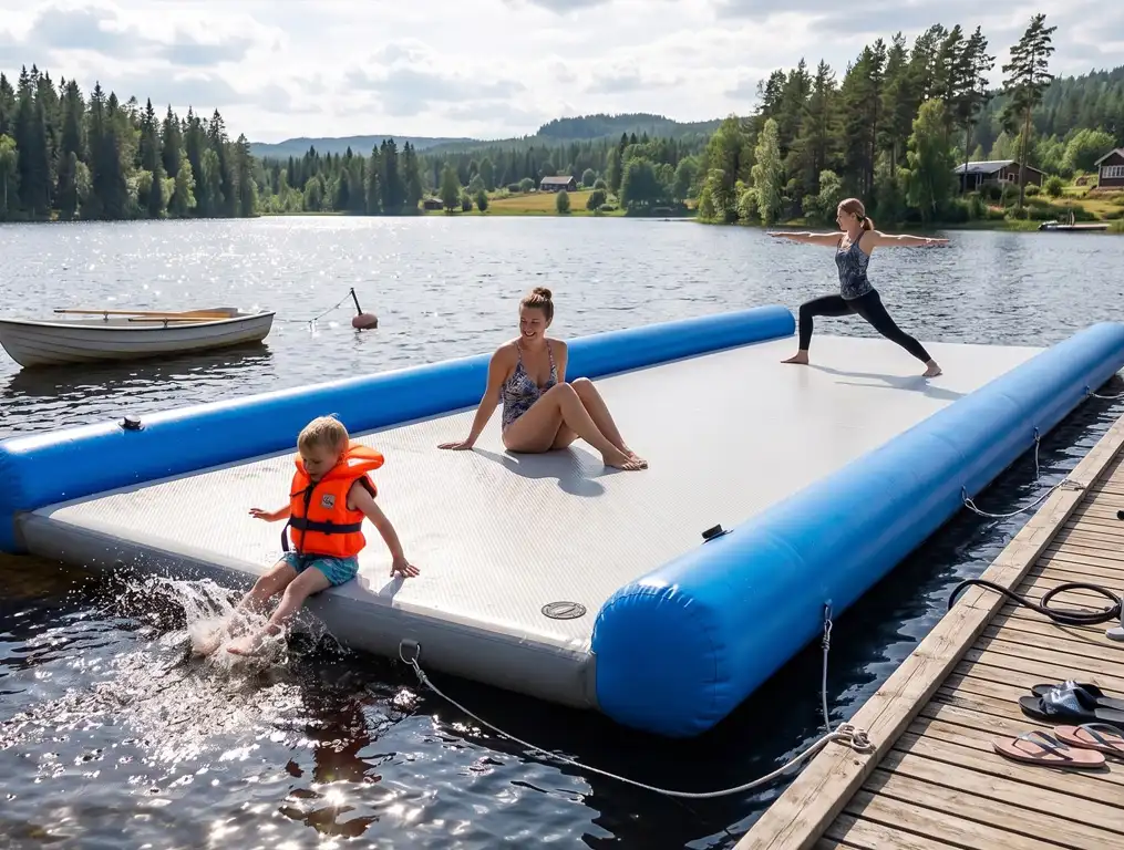 Family enjoying yoga and relaxation on inflatable drop‑stitch water platform