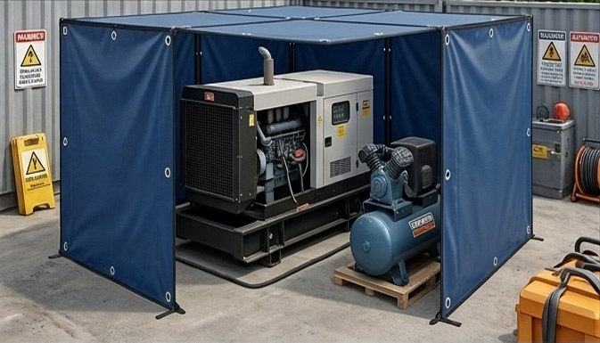 Temporary noise shield curtain covering industrial generators