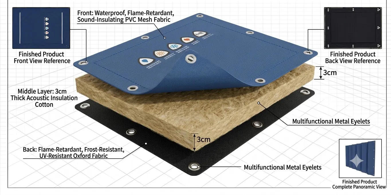 Exploded layered structure chart of outdoor acoustic noise barrier curtain