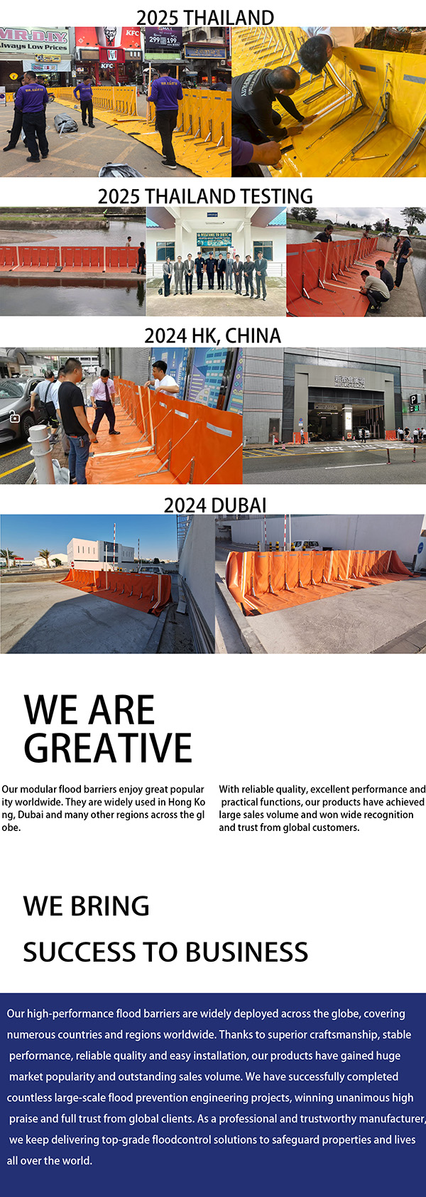 Global flood barrier project cases: Thailand testing, Hong Kong and Dubai deployments