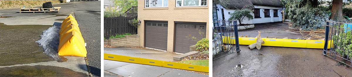 Yellow PVC flood barrier used on driveway, garage and courtyard for flood prevention