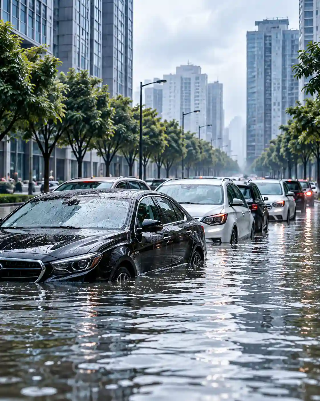Cars in floodwater on an urban street