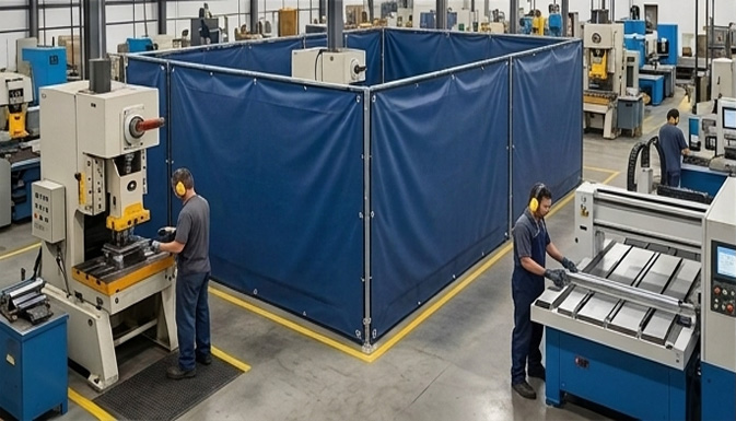 Indoor sound barrier partitions for manufacturing workshop machinery