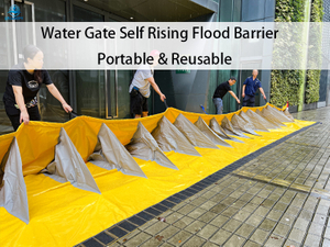 Water gate flood barrier installed at building entrance