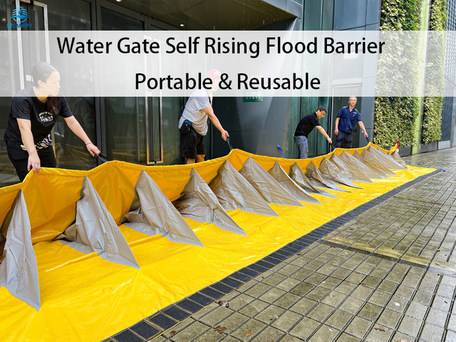 Water gate flood barrier installed at building entrance
