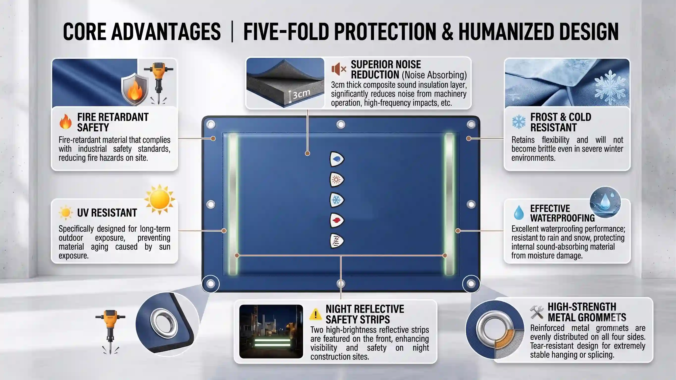 Five-fold protection feature diagram for outdoor noise barrier curtain