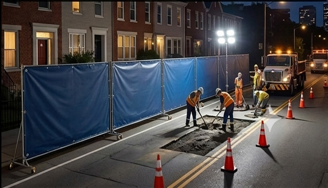 Outdoor sound insulation curtains for night road construction works