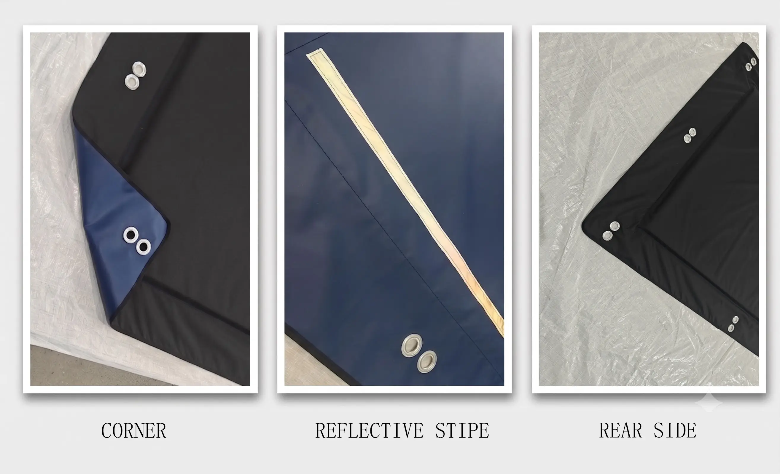 Close-up details of acoustic curtain grommets and reflective tape