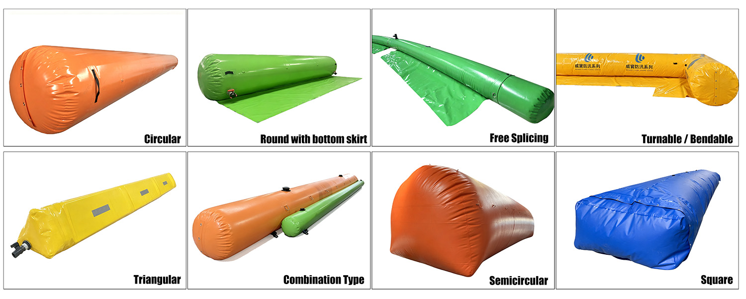Various inflatable flood barrier designs