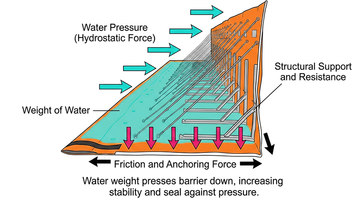Diagram explaining modular flood barriers' working principle with hydrostatic pressure