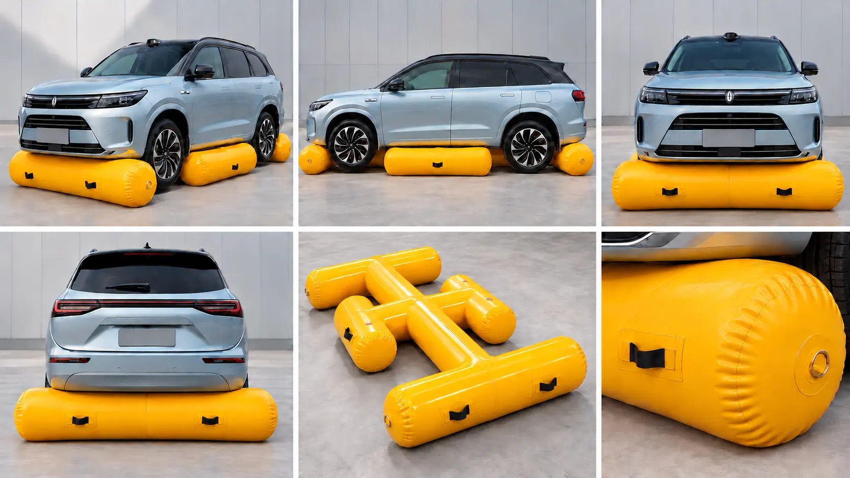 Yellow car flood airbag views, structure and handle detail