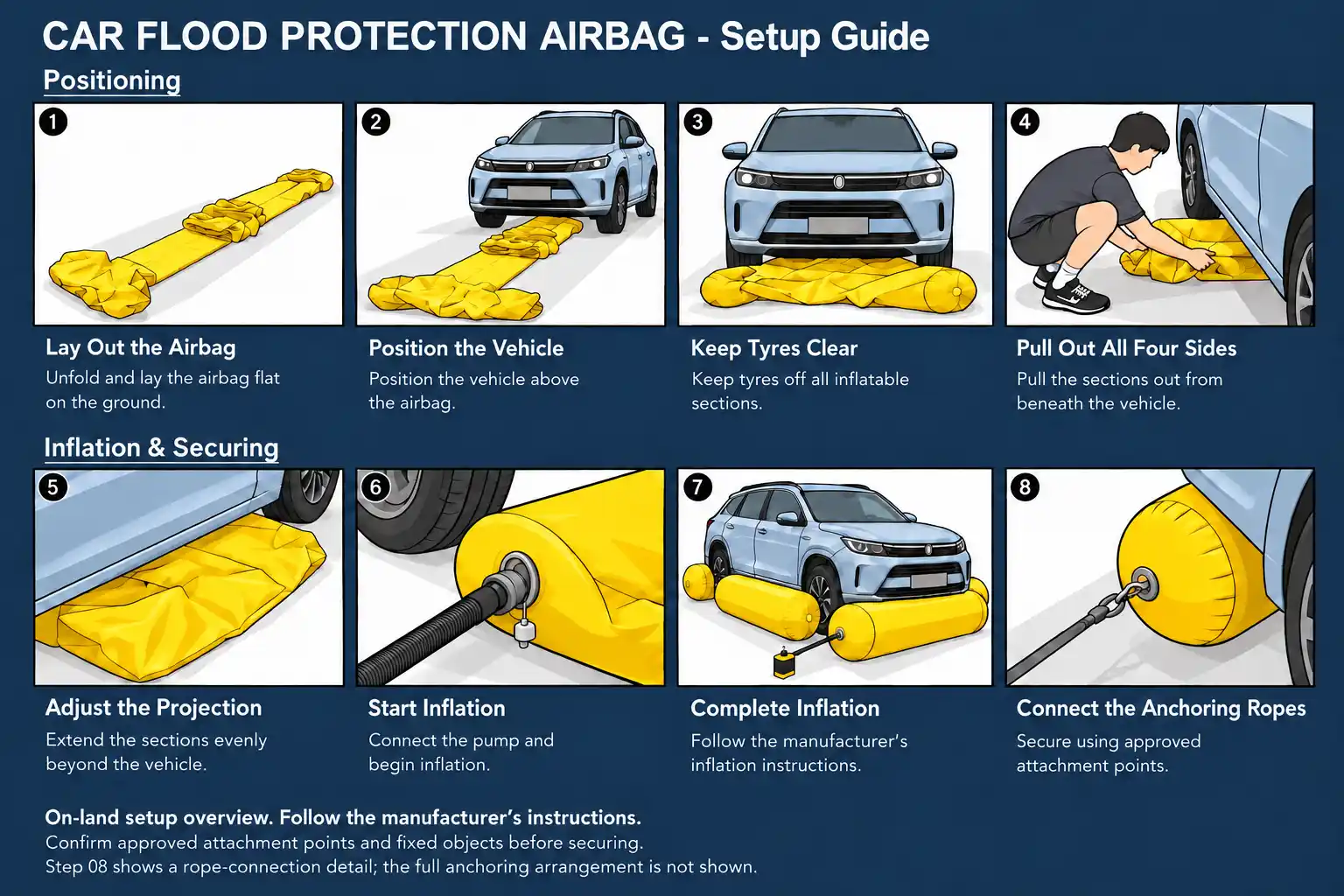 Eight-step illustrated setup guide for yellow car flood airbags