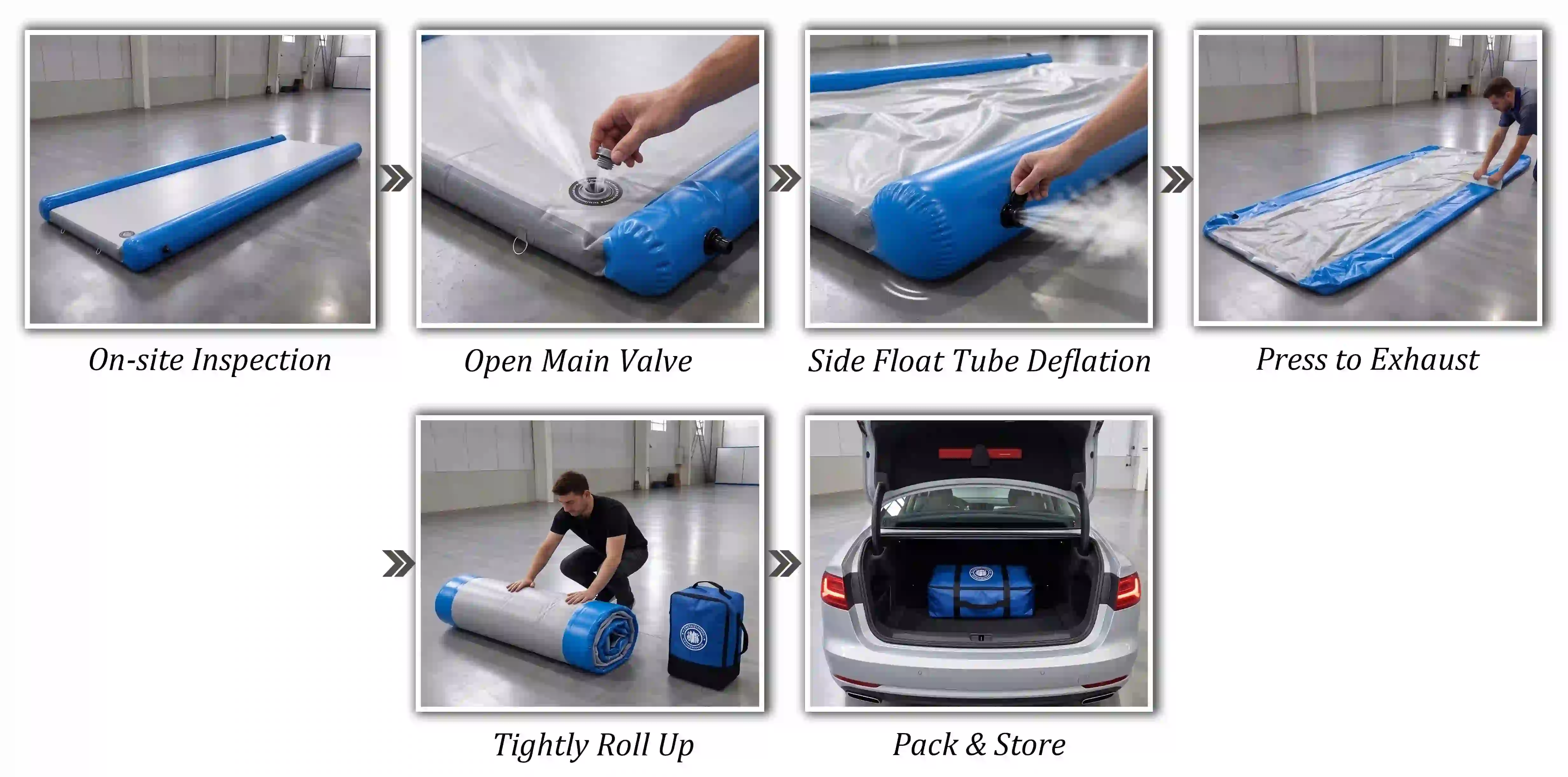 Step‑by‑step guide showing deflate, roll up and store inflatable floating platform